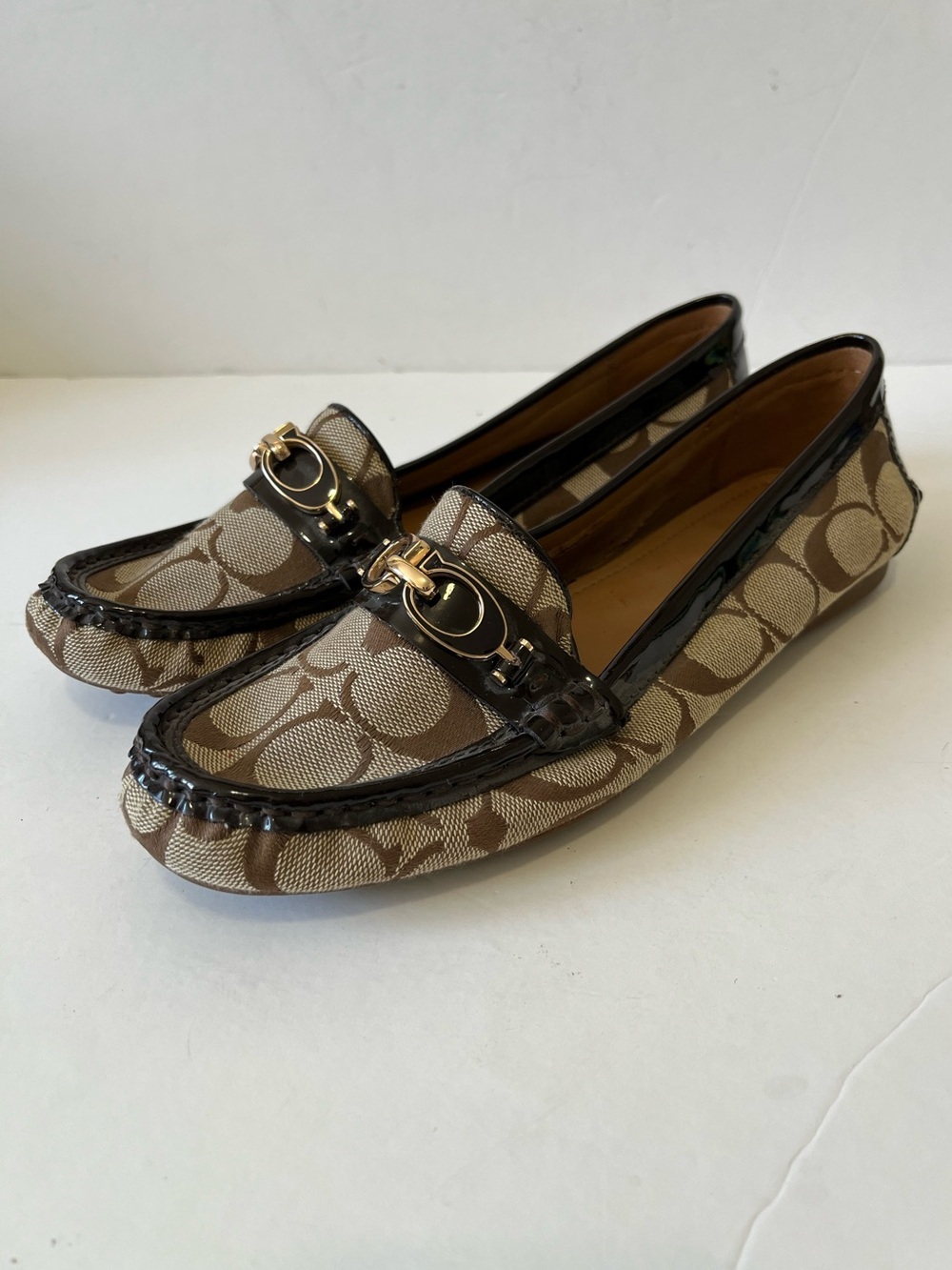 Coach Brown Signature Canvas Gold Logo Driving Loafers Size 7.5B